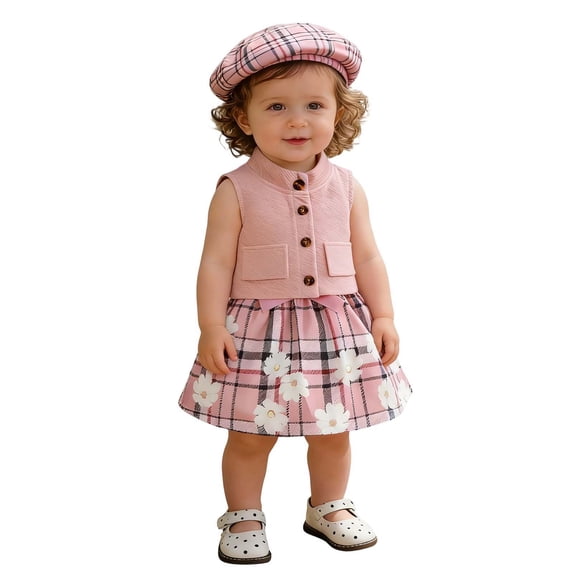 Huowey Toddler Girls Easter 3 Piece Outfits Solid Color Knitted Button Down Vest Cardigan Flower Plaid Ruffled Patchwork Dresses With Cute Hat Stylish Spring Summer Clothes Sets,Pink,6-9 Months