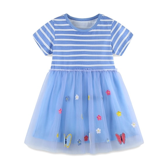 Huowey Toddler Girls Easter Dresses Ruffles Short Sleeve Striped Crewneck Pleated Patchwork Spring Summer Dress Cute Cartoon Bunny Print Embroidery Casual Outfits Party Tutu Dress,Blue,7-8 Years