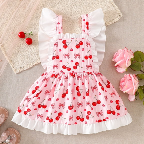 Huowey Toddler Girls Holiday Dresses Ruffled Fly Sleeve Bow Fruit Prints Ruffles High Waist Party Dress Wedding Birthday Dailywear,Pink,12-18 Months