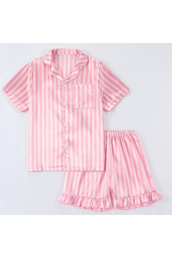 Toddler Girls Home Outfits Classic Striped Short Sleeve Button Doen Turndown Collar Blouse Tops Shorts Casual Summer Breathable Cozy Ruffles Trim 2 Piece Clothes,Pink,5-6 Years