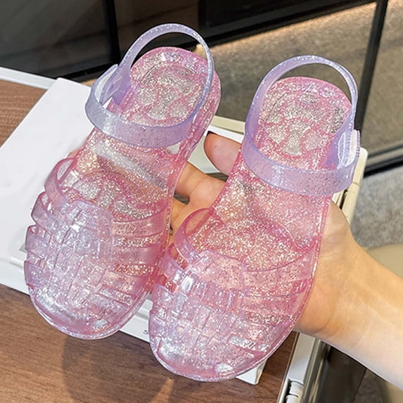Huowey Toddler Girls Jelly Sandals Close Toe Gradient Color Glitter Hook And Loop Strap Shoes Soft Sole Casual Summer Dress Shoes Fisherman Gladiator Water Beach Footwear,Pink,9.5-10 Years