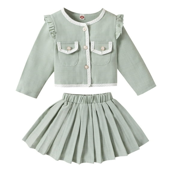 Huowey Toddler Girls Long Sleeve Solid Color Ruffles Coat Pleated Skirt Two Piece Outfits Set For Kids Clothes Boho Dailywear, 5-6 Years