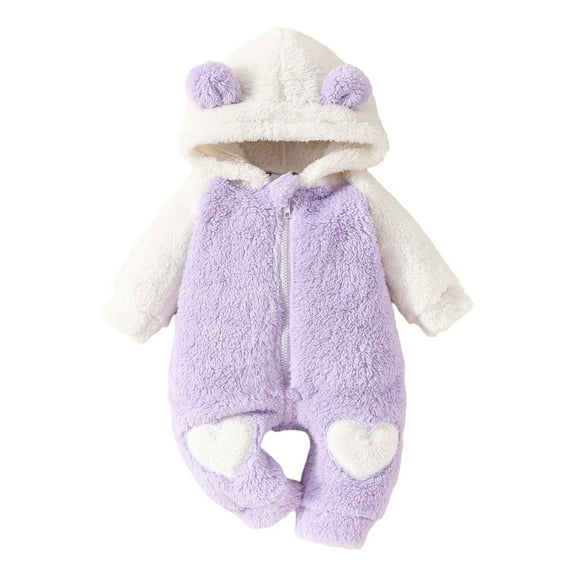Huowey Toddler Girls Outfit Cozy Fuzzy Romper Hoodie Long Sleeve Full Zip Up Embroidery Jumpsuit Soft Bodysuit Outerwear Fall Winter Clothing For Girls,Purple,9-12 Months