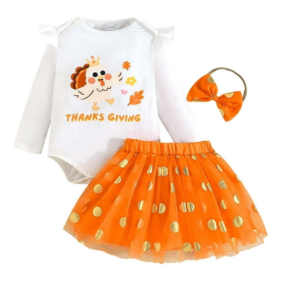 Huowey Toddler Girls Outfit Thanksgiving Skirt Set Long Sleeve Cartoon Print Bodysuit Tutu Skirt Headband Three Piece Fall Winter Girls Outfits,White,6-9 Months