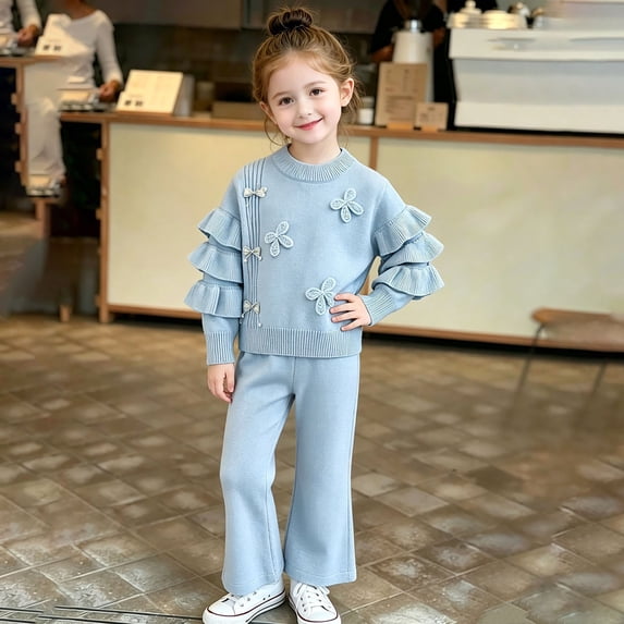 Huowey Toddler Girls Outfits Fall Clothes Long Sleeve Ruffles Sweatshirt+Pants 2 PC Set Loose Fit Bow Solid Color Winter School Outdoor Casual Everyday Wear Cozy Outfit,Light Blue,3-4 Years