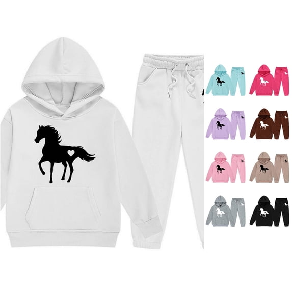 Huowey Toddler Girls Outfits Fall Horse Graphic Long Sleeve Hoodie Sweatshirt And Pants 2 PC Set Elastic Waist Loose Fit Winter School Outdoor Casual Everyday Wear Cozy Outfit,White,6-7 Years