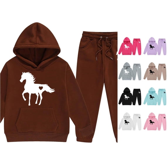 Huowey Toddler Girls Outfits Fall Horse Graphic Long Sleeve Hoodie Sweatshirt And Pants 2 PC Set Elastic Waist Loose Fit Winter School Outdoor Casual Everyday Wear Lovely Outfit,Brown,8-9 Years