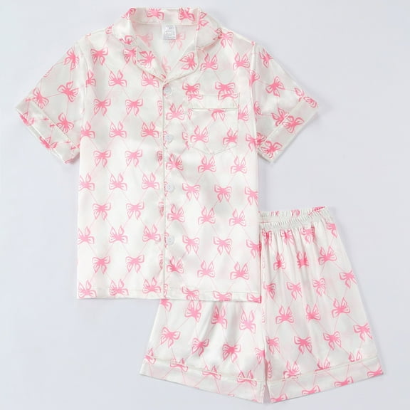 Huowey Toddler Girls Satin Pajama Short Set Lovely Print Button Up Turndown Collar Blouse Matching Elastic Waist Shorts Loungewear Outfits Soft Cozy For Girls Sleepwear Suit,White,13-14Y