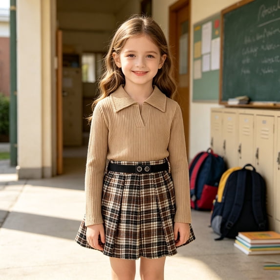 Huowey Toddler Girls School Clothes Fall Outfits Long Sleeve Knit Sweatshirt And Plaid Skirt 2 PC Set Lapel Winter Outdoor Casual Everyday Wear Cozy Outfit,Coffee,3-4 Years