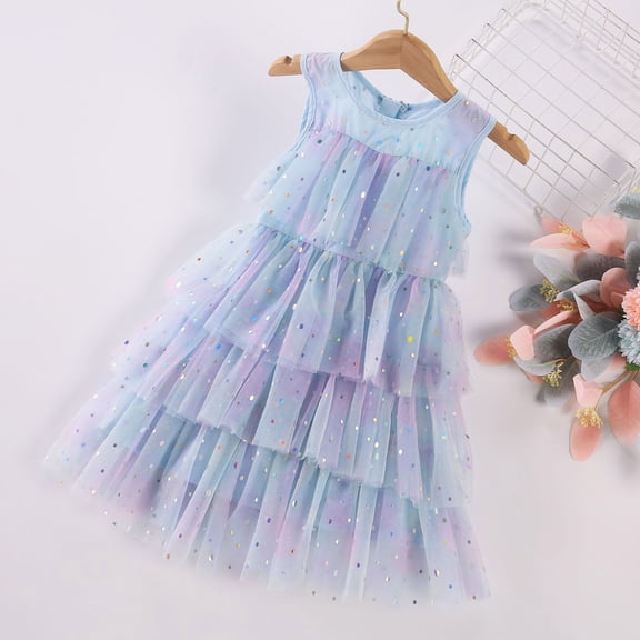 Huowey Toddler Girls Sequin Dress High Waist Fly Sleeve Round Neck Tiered Long Tutu Dress Ruffles Soft Cozy Zip Rainbow Stylish Princess Dailywear,Blue,2-3 Years