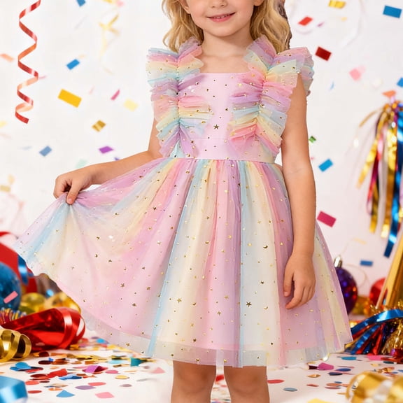 Huowey Toddler Girls Sequin Dress High Waist Fly Sleeve Round Neck Tiered Long Tutu Dress Ruffles Soft Cozy Zip Rainbow Stylish Princess Dailywear,Pink,2-3 Years