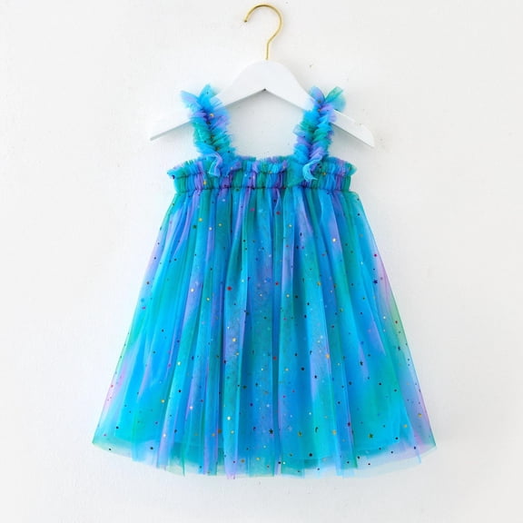 Huowey Toddler Girls Sleeveless Sequin Dress Ruffles Spaghetti Strap A-Lined Dance Party Dresses Princess Casual Dance Wedding Clothes,Blue,2-3 Years