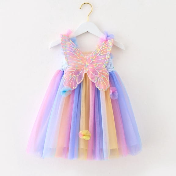 Huowey Toddler Girls Sleeveless Sequin Dress Ruffles Spaghetti Strap Butterfly Rainbow Embroidery A-Lined Dance Party Dresses Princess Casual Dance Wedding Clothes,Blue,2-3 Years