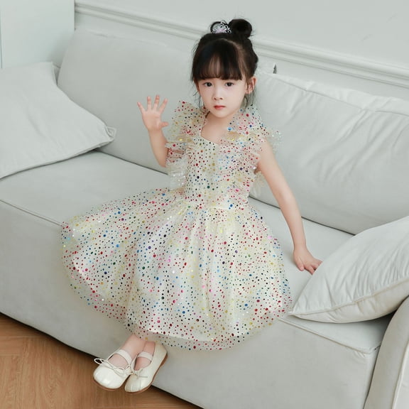 Huowey Toddler Girls Sleeveless Sequin Dresses Ruffles Sleeveless High Waist Square Collar Layered Dance Party Dress Clothes,Beige,3-4 Years