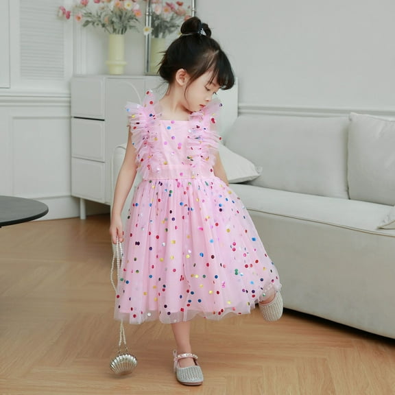 Huowey Toddler Girls Sleeveless Sequin Dresses Ruffles Sleeveless High Waist Square Collar Layered Dance Party Dress Clothes,Pink,2-3 Years