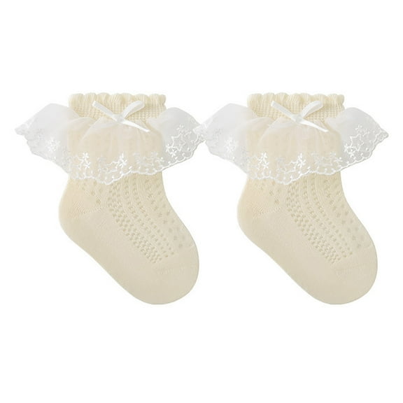 Huowey Toddler Girls Socks Ruffle Soft Double Frilly Lace Socks Kids Cute Ankle Cotton Dress Socks,Beige,4-5 Years