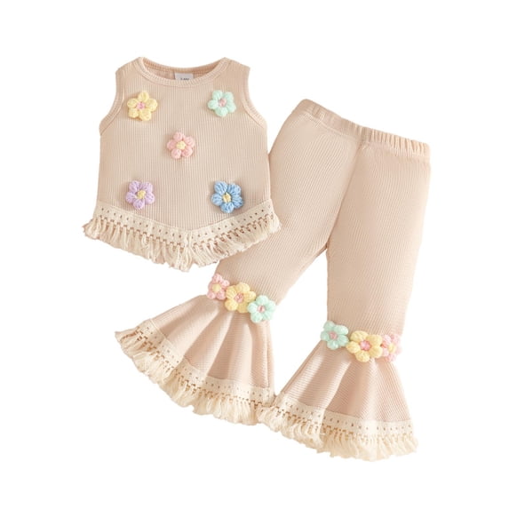 Huowey Toddler Girls Stylish Outfits Crewneck Sleeveless Ribbed Knitted Floral Pattern Tassels Solid Color Tank Top Vest High Waist Flared Pants Spring Summer Cozy Dailywear,White,12-18 Months