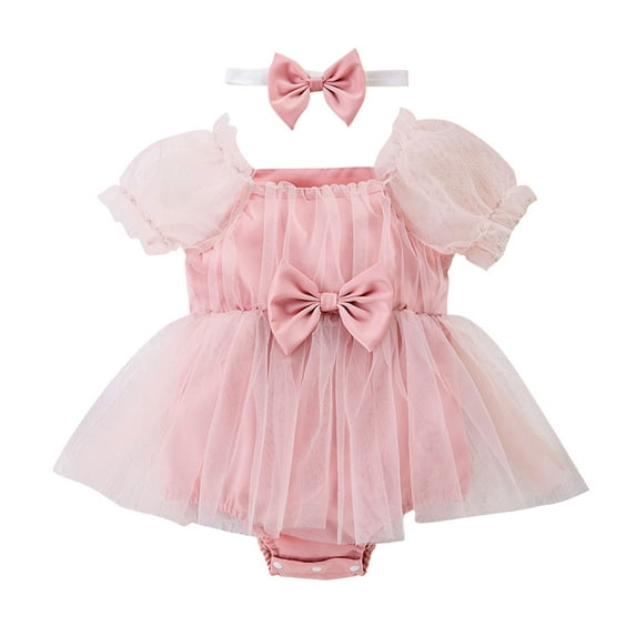 Huowey Toddler Girls Summer Short Sleeve Mesh Solid Color Romper With Headbands Casual Bodysuit For Girls Comfort Dailywear, 18-24 Months