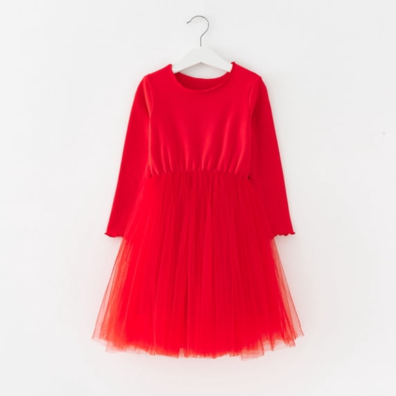 Huowey Toddler Girls Tutu Dresses Long Sleeve Round Neck Patchwork Elegant Dress Holiday Party Dance Dailywear Clothes,Red,4-5 Years