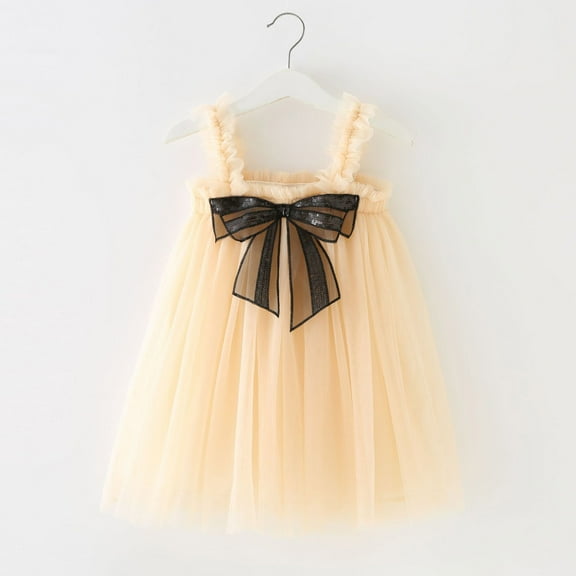 Huowey Toddler Girls Tutu Dresses Sleeveless Spaghetti Strap Big Bow Tiered Holiday Party Mesh Tulle Dress Dance Party Dailywear,Beige,5-6 Years