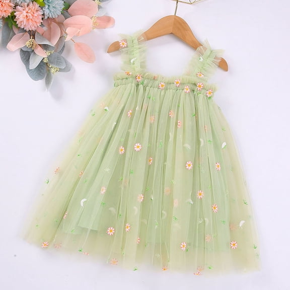 Huowey Toddler Girls Tutu Dresses Sleeveless Spaghetti Strap Floral Embroidery Tiered Holiday Party Mesh Tulle Dress Dance Party Dailywear,Green,3-4 Years
