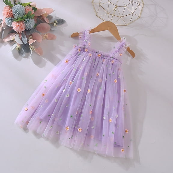 Huowey Toddler Girls Tutu Dresses Sleeveless Spaghetti Strap Floral Embroidery Tiered Holiday Party Mesh Tulle Dress Dance Party Dailywear,Purple,2-3 Years