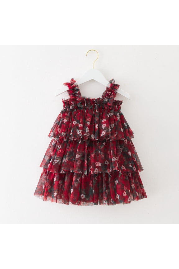 Toddler Girls Tutu Dresses Sleeveless Spaghetti Strap Tie Dye Tiered Holiday Party Mesh Tulle Dress Dance Party Dailywear,Red,6-12 Months