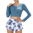 thumbnail image 1 of Huowey Toddler Girls Two Piece Swimsuits Long Sleeve Solid Color V-Neck Front Cross Upf 50 Sun Rash Guard Crop Tops High Waist Floral Print Swim Shorts Beachwear Bathing Suit,Blue,6-7 Years, 1 of 6