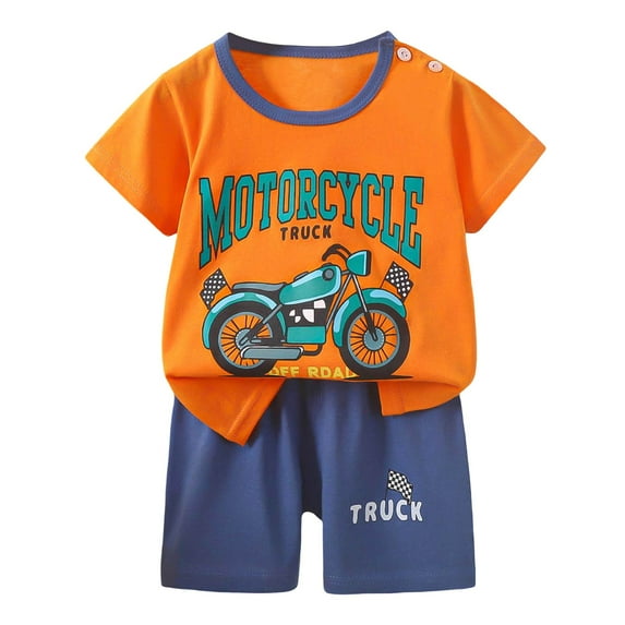 Huowey Toddler Kids Boys Summer Short Outfits Cute Cartoon Printed Shirt Classic Crewneck Short Sleeved Tops And Shorts 2 Piece Clothes Outfits Set,Orange,6-12M