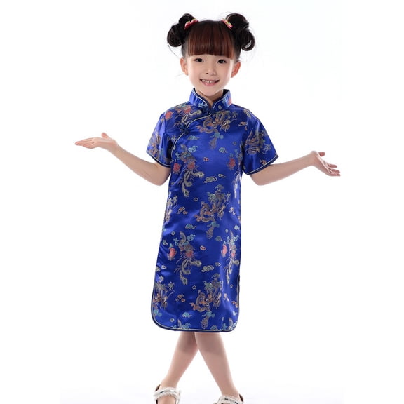 Huowey Toddler Kids Chinese Dress Cheongsam New Year Clothing Mandarin Collar Short Sleeve Floral Print Embroidery Split Hem Birthday Party Dresses Flowy Skater Dress,Dark Blue,8-10 Years