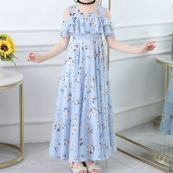 Huowey Toddler Kids Floral Dress Short Sleeve Off The Shoulder High Waist Round Neck Tiered Ruffles Long Dresses Elegant Chiffon A-Line Breathable Summer Dailywear Flowy Skater Dress,Blue,3-4 Years