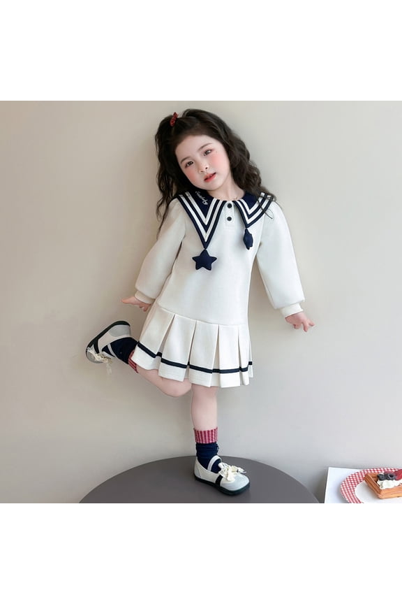 Toddler Kids Girls Dresses Long Sleeve Sailor Collar Color Block Button Down A-Line Pleated Dresses School Uniform Casual Stylish Loose Fit Breathable Cozy Outfits,White,2-3 Years
