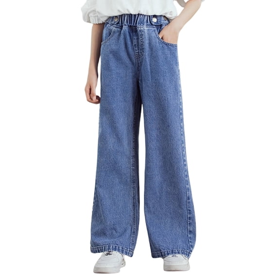 Huowey Toddler Kids Girls Fashion Casual Jeans Elastic Waist With Pockets Wide Leg Denim Pants Comfort Dailywear, 4-5 Years