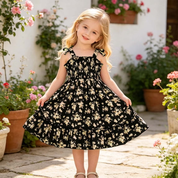 Huowey Toddler Kids Girls Floral Sundress Smocked Sleeveless Spaghetti Strap Ruffled Pleated High Waist Flower Print Tiered A-Line Dresses Breathable Stylish Mid Dress For Party Beach,Black,2-3 Years