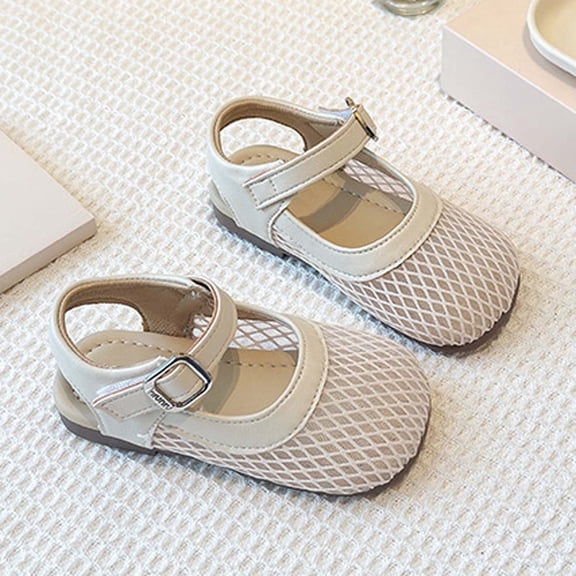 Huowey Toddler Kids Girls Summer Dress Shoes Solid Color Mesh Flat Sole Mary Jean Buckle Closure Strap Comfortable Lightweight Round Toe Casual Sandals Wedding Party Footwear,Beige,18-24 Months