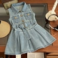 thumbnail image 1 of Huowey Toddler Kids Girls Summer Vintage Denim Dresses Sleeveless Solid Colro Stand Collar Button Down Front Pockets With Belt Pleated Jean Dress Washed Comfortable Clothes,Blue,18-24 Months, 1 of 8