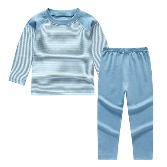 Huowey Toddler Kids Pajama Set Lined Thermal Two Piece Crewneck Long Sleeve Comfy Striped Shirt And Pants Homewear Soft Cozy Winter Warm Bottom Sleepwear Outfits,Blue,18-24 Months