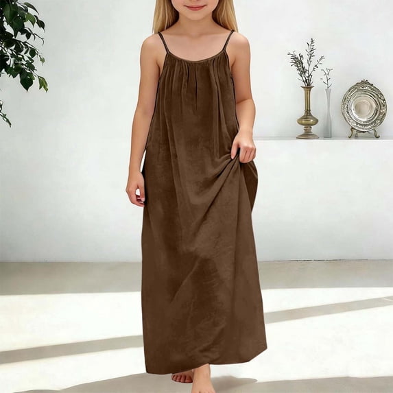 Huowey Toddler Kids Summer Long Dresses Spaghetti Strap Sleeveless Backless Casual Solid Color Loose Fit Home Wear Classic Breathable Cozy Dress Guest Pageant Outfits,Coffee,12-13 Years