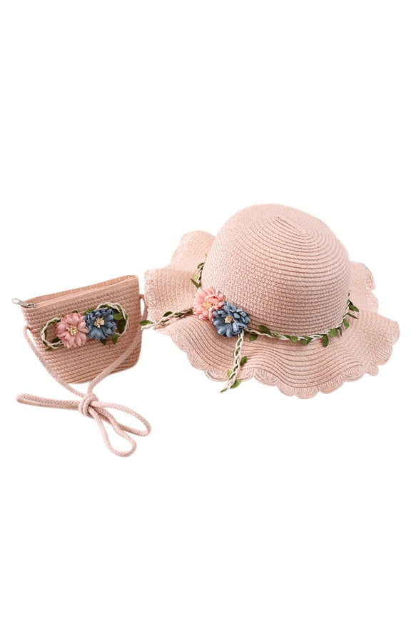 Toddler Kids Sun Hats Girls Straw Hat Purse Bag Set Wide Brim Flowers Bow Summer Beach Sun Hat Princess Shoulder Crossbody Bag Sun Caps,Pink,One Size