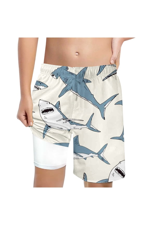 Toddler Kids Boys Swim Trunks Funny Cartoon Animal Print Graphic Wide Leg Drawstring Elastic Waist With Liner Summer Breathable Beach Shorts Swimwear For Youth Beachwear,Beige,7 Years