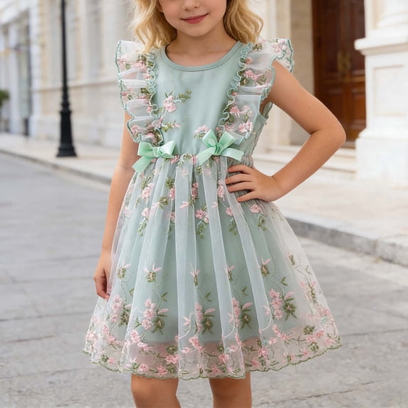 Huowey Toddler Stylish Dress Summer Party Gown A-Line Sleeveless Floral Embroidery Graphic Tiered Ruffle Elegant Birthday Wedding Party Gown Tutu Midi Dresses Holiday Sundress,Green,3-4 Years