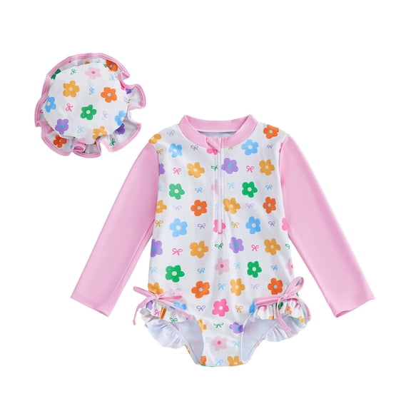 Huowey Toddler Swimsuit Girl Rash Guard Swim Long Sleeve Cartoon Print Striped Ruffled Patchwork Zipper Up Round Neck Bodysuit With Cute Hat Beach Swimwear,Pink1,12-18 Months