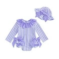 thumbnail image 1 of Huowey Toddler Swimsuit Girl Rash Guard Swim Long Sleeve Cartoon Print Striped Ruffled Patchwork Zipper Up Round Neck Bodysuit With Cute Hat Sun Protection Bathing Suit,Purple,18-24 Months, 1 of 4