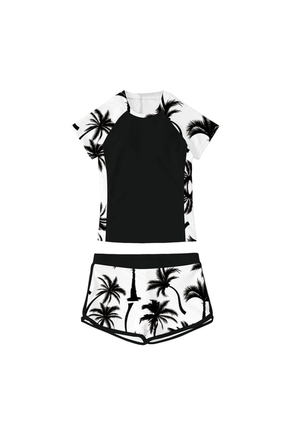 Toddler Swimsuit Two Piece Swimwear Set Floral Print Short Sleeve Round Neck Bikini Shirts And Shorts Outfits Popular Swimsuit,Black,7-8 Years