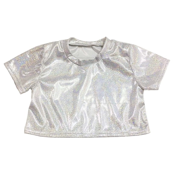 Huowey Toddler Tops Shine Sequins Shirts Crop Top Short Sleeve Round Neck Carnival Performance Glitter Sequin Stretch Tee Dancewear Cute Trendy Tops ,Silver,16-17 Years