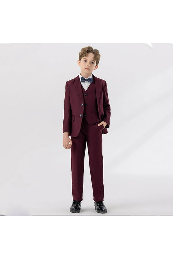 Travel Outfits For Boys Formal Suits Outfits 4 Piece Tuxedo Set Slim Fit Blazer Vest+Jacket+Pants +Bowtie For Kids Wedding Birthday Party Suit Teen Boy Dress Clothes,Burgundy,6-7 Years