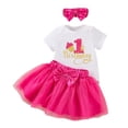 thumbnail image 1 of Huowey Travel Outfits For Girls Baby Girl'S 1St Birthday Outfit Letter Print Short Sleeve Crewneck Romper With Tutu Skirt Hair Bow 3 Piece Set Party Wedding Clothes Outfits,Hot Pink,3-6 Months, 1 of 5