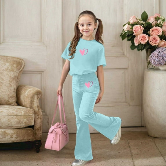 Huowey Travel Outfits For Girls Spring Summer 2 Piece Valentines Set Casual Cute Love Heart Print Short Sleeve Crewneck T-Shirt Slim Fit Flared Pants Comfy Daily Wear,Mint Green,11-12 Years