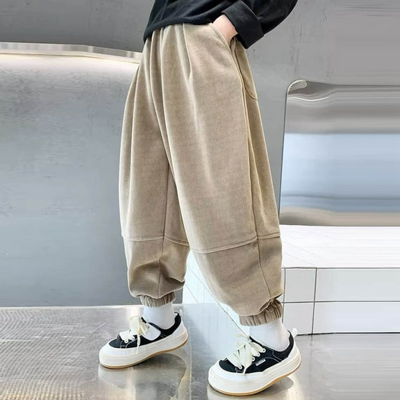 Huowey Unisex Girls Boys Classic Uniform Pants Straight Leg Dress Pants School Casual Comfortable Pull On Trousers Elastic Waist Outdoor Activities Daily Wear,Khaki,11-12 Years