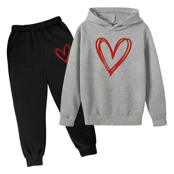 Huowey Valentine Girls Kids Boys Tracksuit Solid Color Hooded Love Heart Print Sweatshirt Casual Pants Sweatsuits Unisex Two Piece Fall Winter Athletic Outfits Vacation Dailywear,Dark Gray,6-7 Years